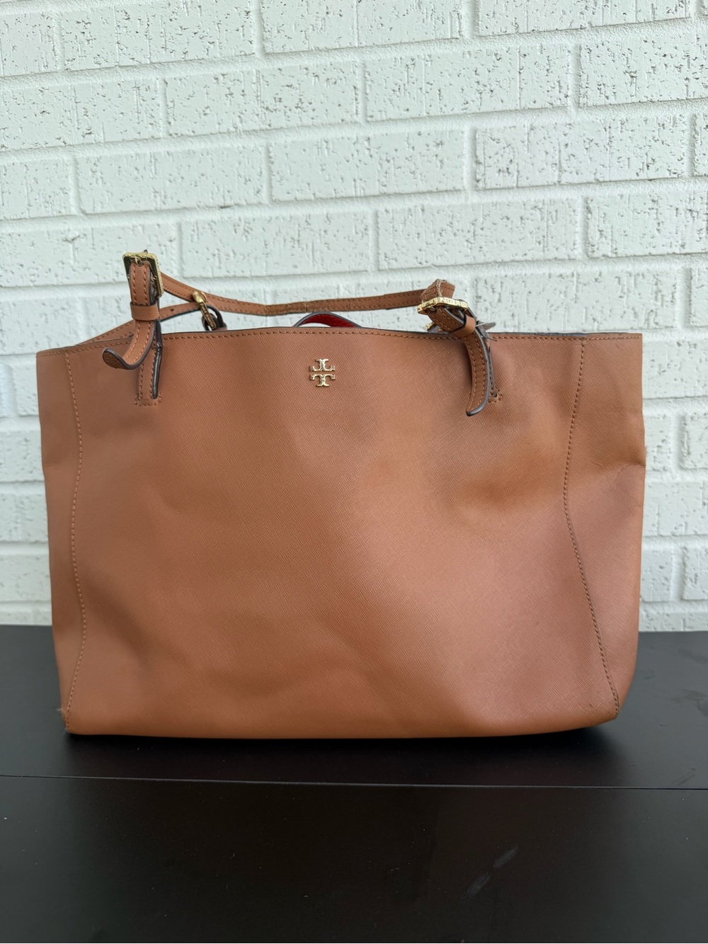 Tory Burch Caramel Leather Tote with Gold Logo